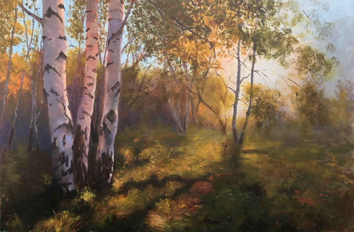 Photorealistic Landscape Oil Painting By Leo Khomich, 40 X 28", Autumn Forest, Original Artwork