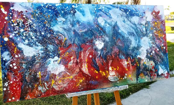 Large Abstract Painting Big Wave Seascape Oil Painting Hawaii Islands Volcano Red Lava Blue Ocean Splash Where The Earth Meets The Ocean