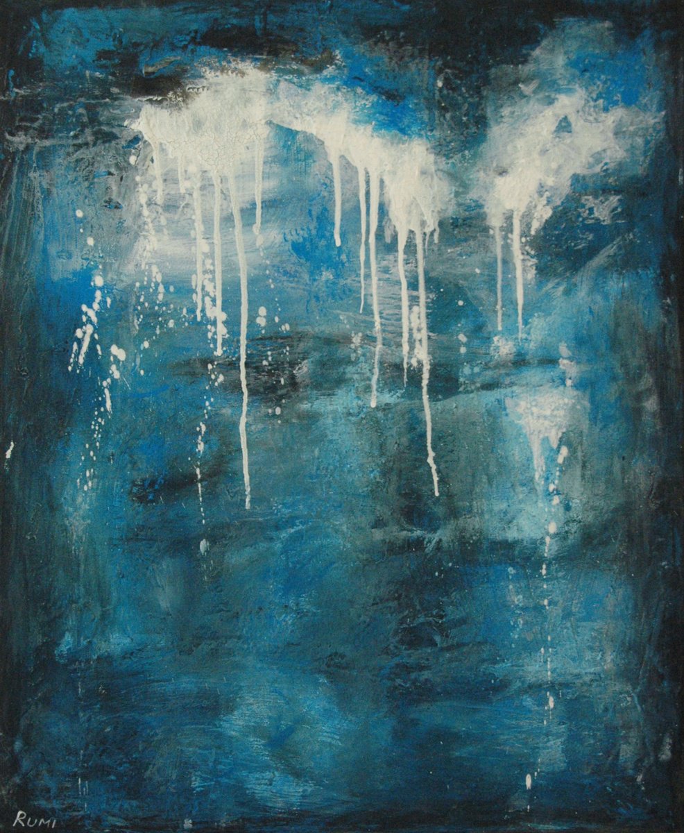 Abstract Acrylic Painting By Rumen Spasov, 21 X 26", "Filling In The Blue", Original Artwork