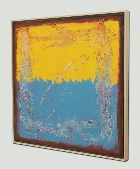 Once in Yellow & Blue Square - Ronald Hunter - Abstract Painting - Incl Frame - 34A