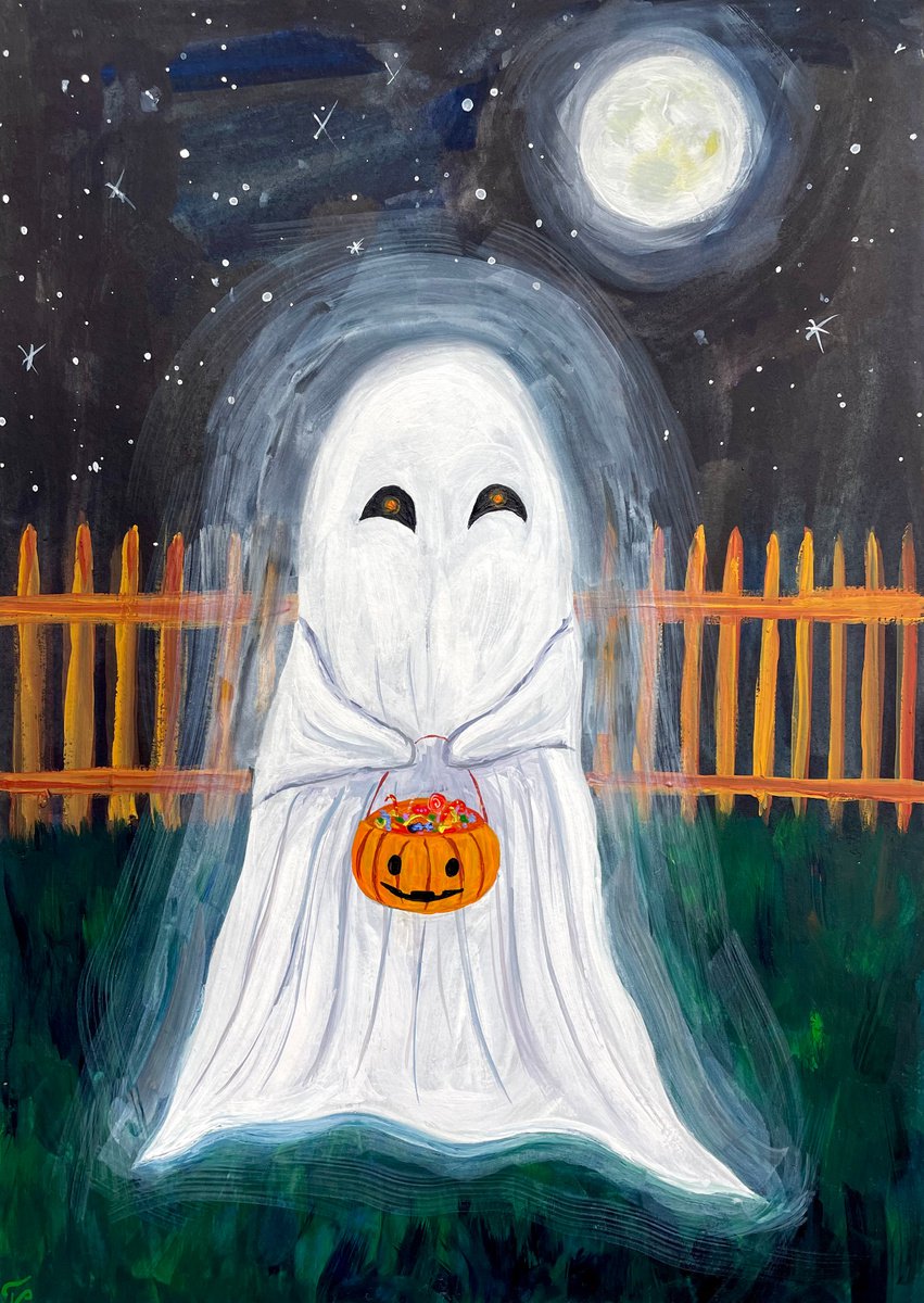 Halloween Gouache Painting Original, Ghost Wall Art, Cute Spooky Artwork, Fall Home Decor by Kate Grishakova