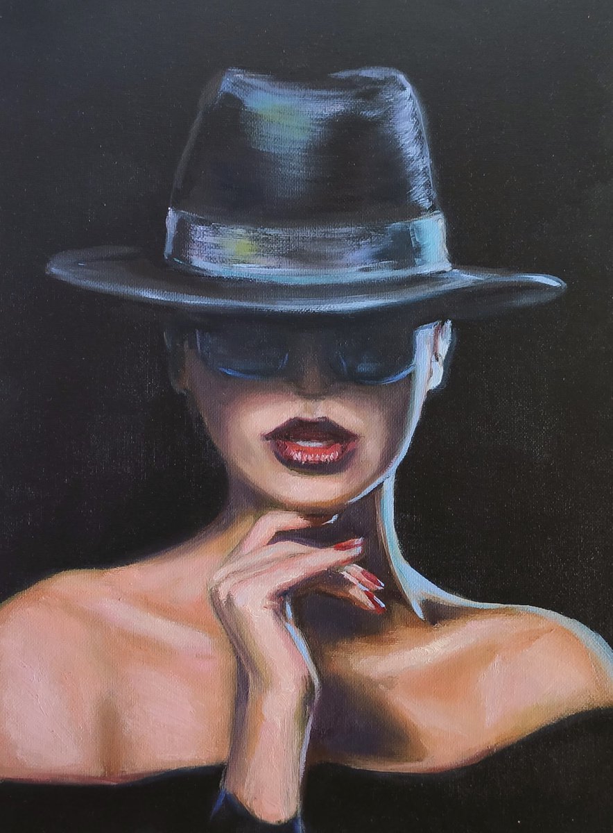 Woman Portrait Lady in Hat with Sunglasses Femme Fatale Black Art by Anastasia Art Line