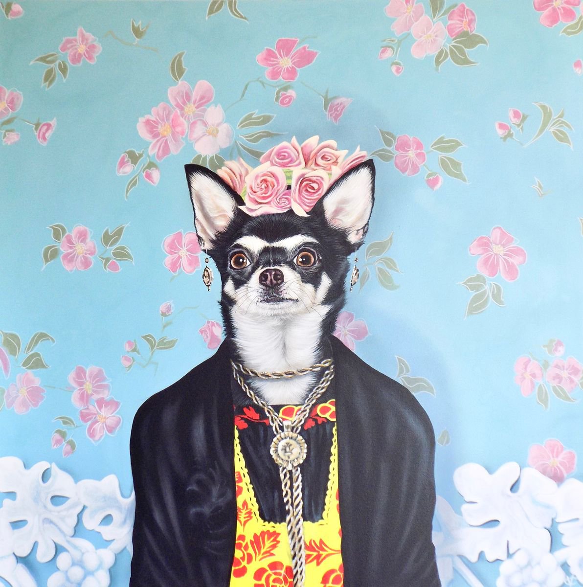 Frida Kahlo inspired dog painting as yet untitled by Victoria Coleman