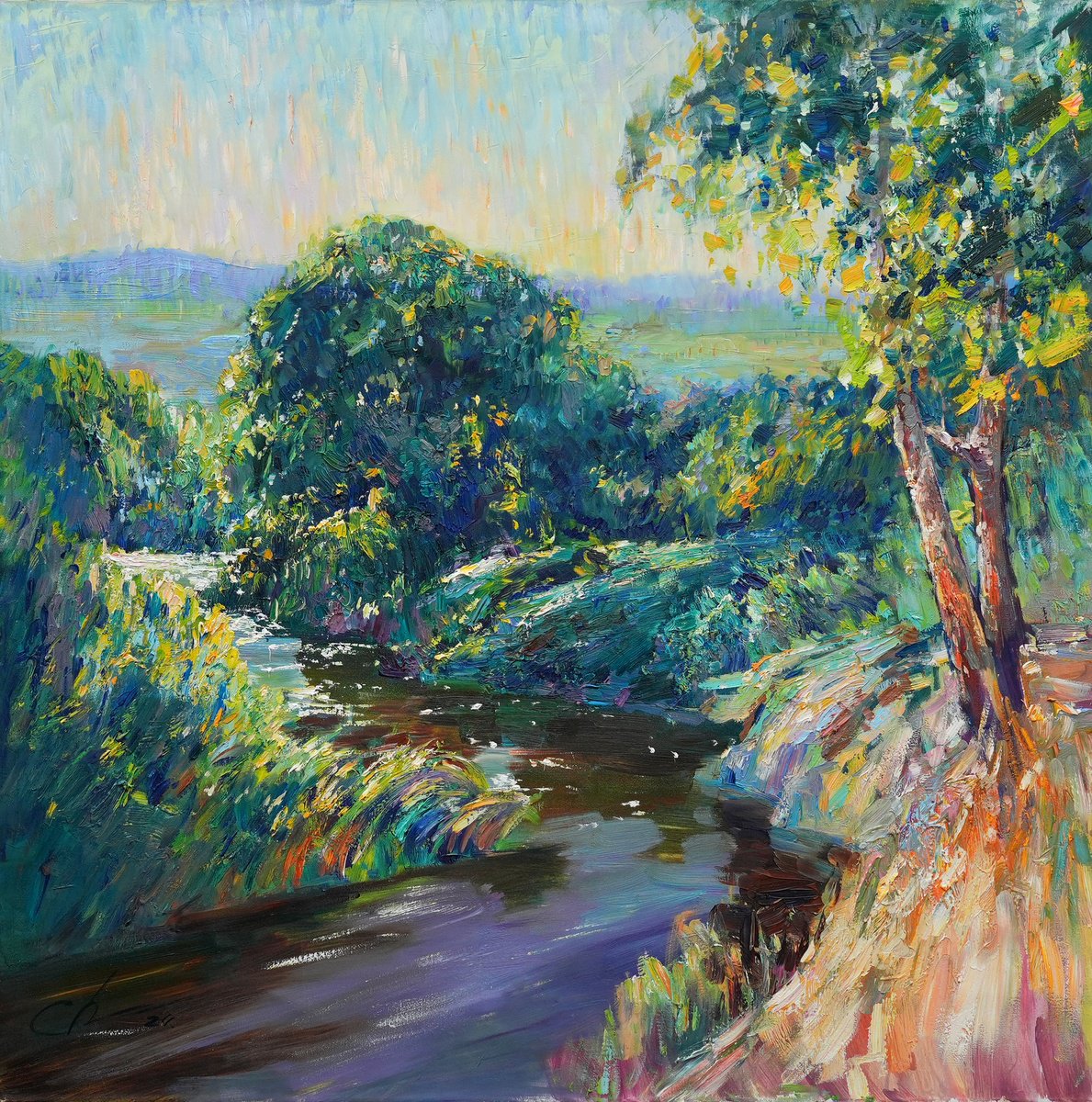 Impressionistic Landscape Oil Painting By Serhii Cherniakovskyi, 31 X 31", Summer Evening, Original Artwork