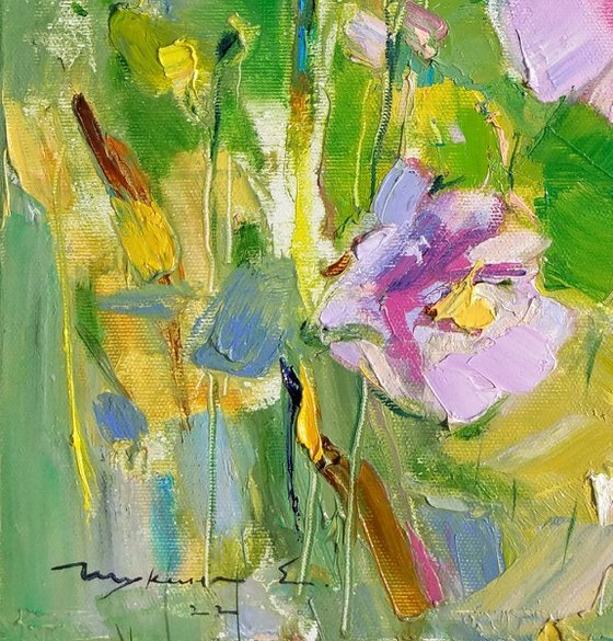 Mallow Ukrainian flower . Emerald green and Pink . Moments of beauty . Original oil painting