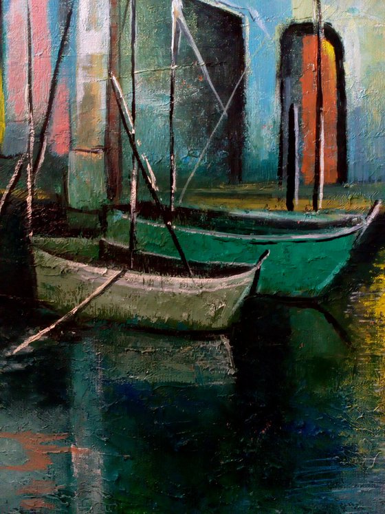 " Venice " Boats - 80 x 80cm Original Oil Painting