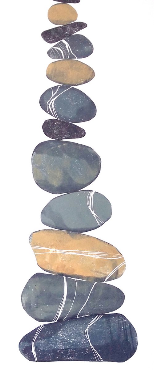 Zen stones - Twelve stones #11  ( banded balancing stones lino/monoprint) by Carolynne Coulson
