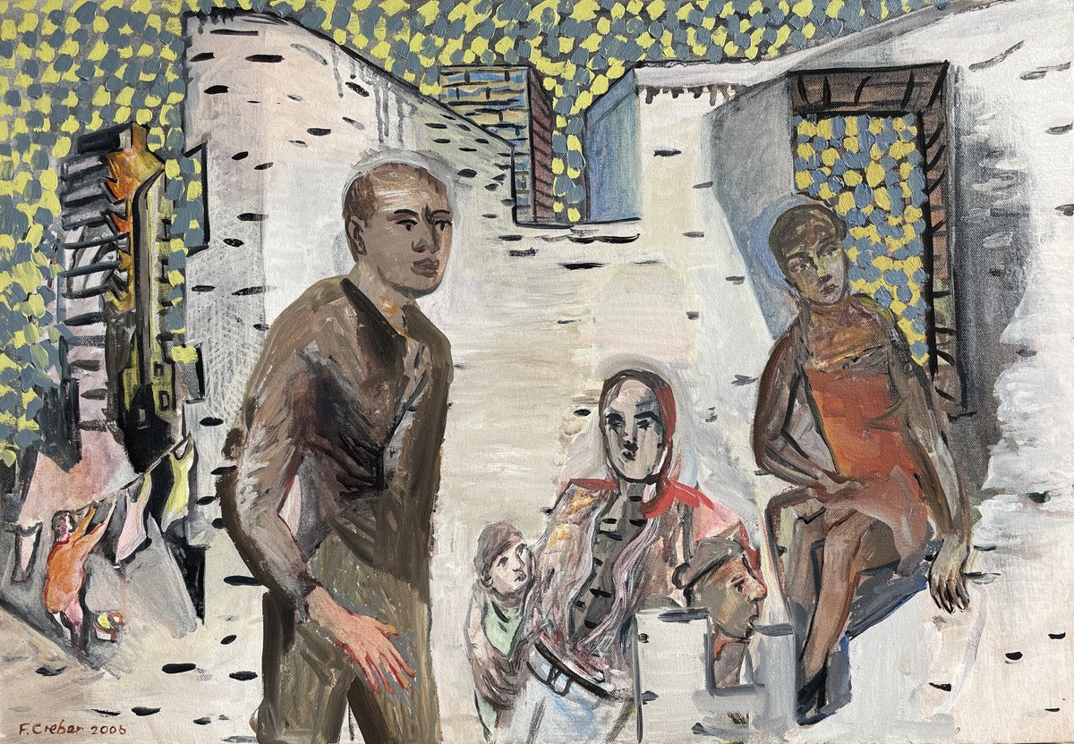 Expressive Cityscapes Oil Painting By Frank Creber, 28 X 19, Back Yard, Original Artwork