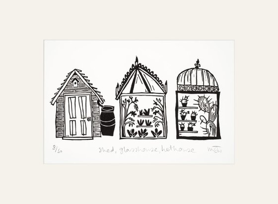 Shed, glasshouse, hothouse - lino cut print
