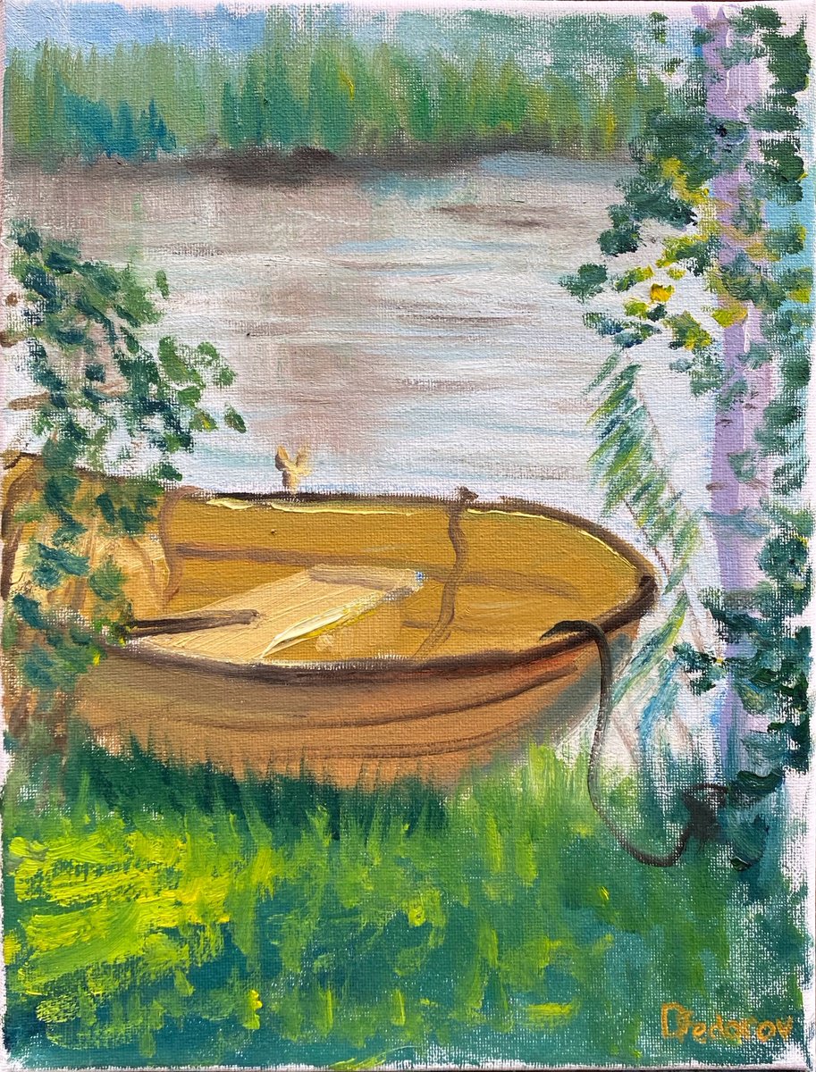 Impressionistic Landscape Oil Painting By Dmitry Fedorov, 10 X 12, Small Boat At The Dutch Canal, Original Artwork