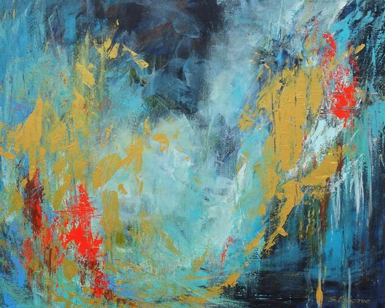 BALANCE OF INFINITY. Navy Blue, Teal, Gold, Red Contemporary Abstract Acrylic Painting, Modern Art