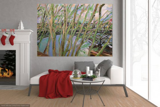 SPRING IN PARIS, PLANE- TREES - landscape art, XXL large original oil painting, spring, impressionism, plants, trees, sky, branches, Paris cityscape, bridge,  140x200