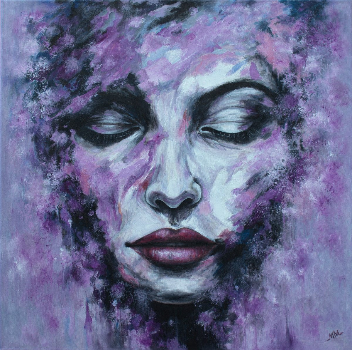 Expressive Portrait Oil Painting By Mila Moroko, 24 X 24", Portrait Frozen Thoughts, Original Artwork