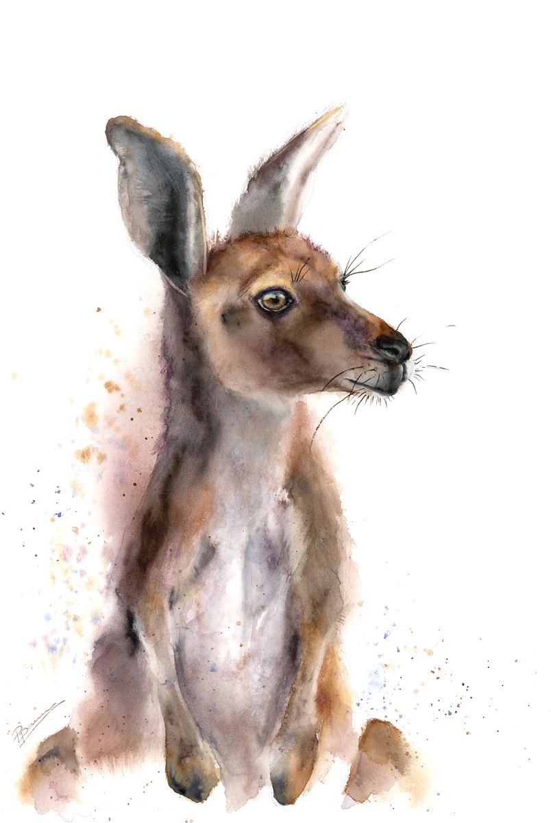 Impressionistic Animal Watercolour By Olga Tchefranov (Shefranov), 12 X 18", Kangaroo, Original Artwork