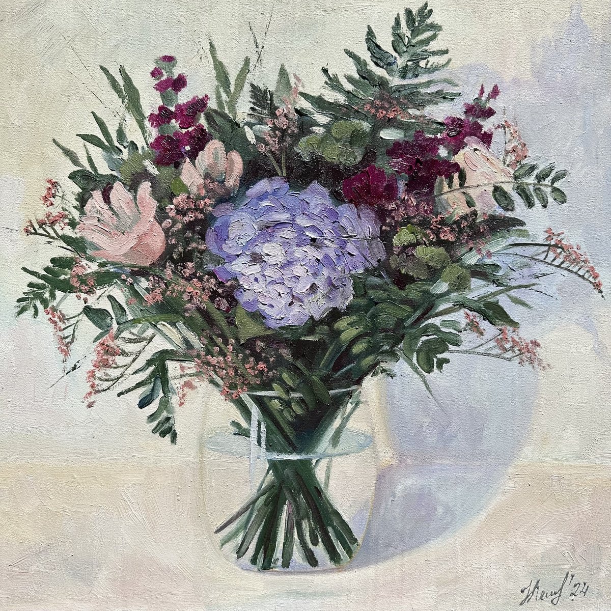 Expressive Botanical Oil Painting By Nataliya Lemesheva, 20 X 20", Flowers On White 2, Original Artwork