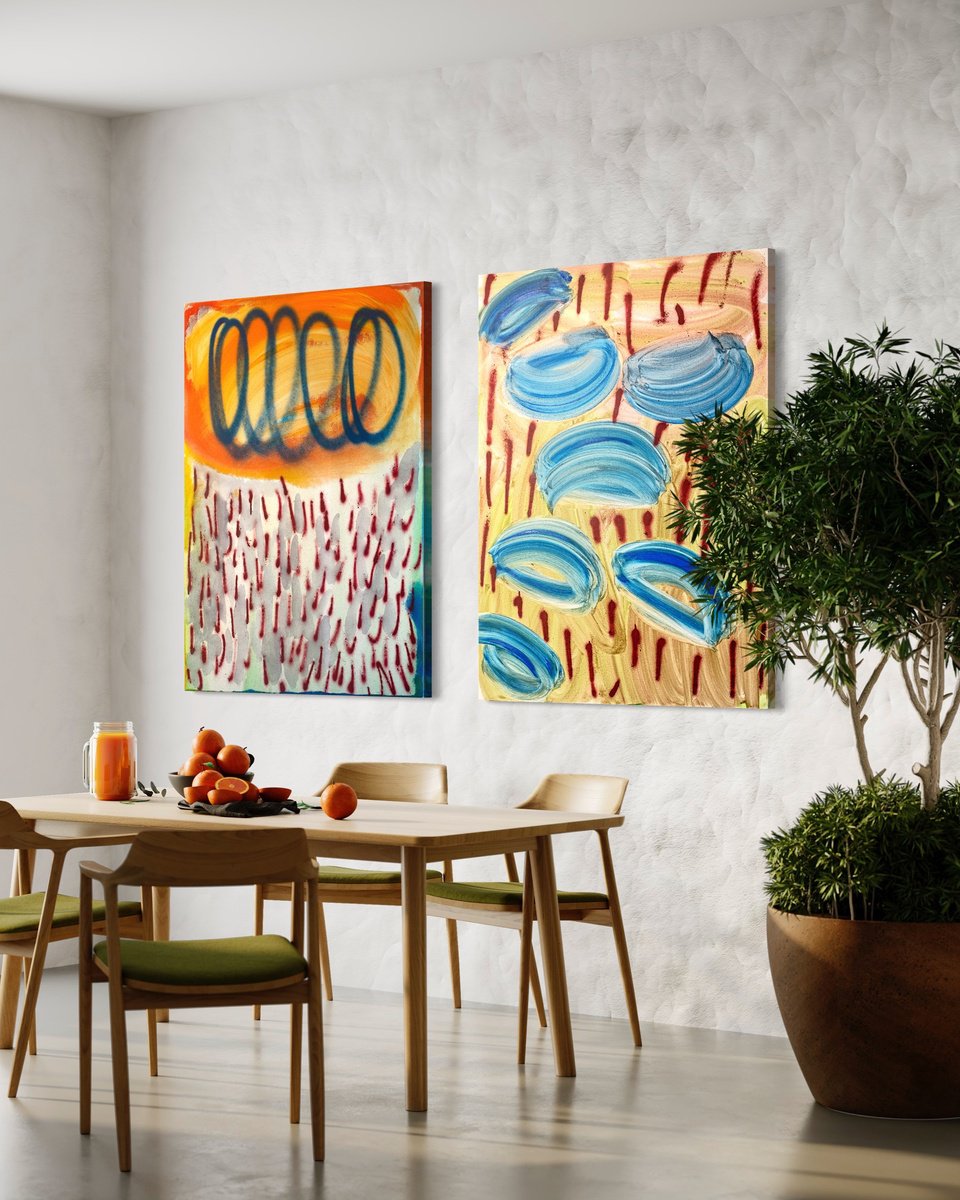 Abstract Oil Painting By Evgenia Makarova, 63 X 39, Diptych Flow And Pulse, Original Artwork