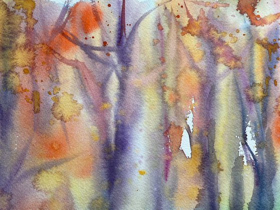 Fall Forest Watercolor Painting, Autumn Landscape Original Artwork, Orange Wall Decor