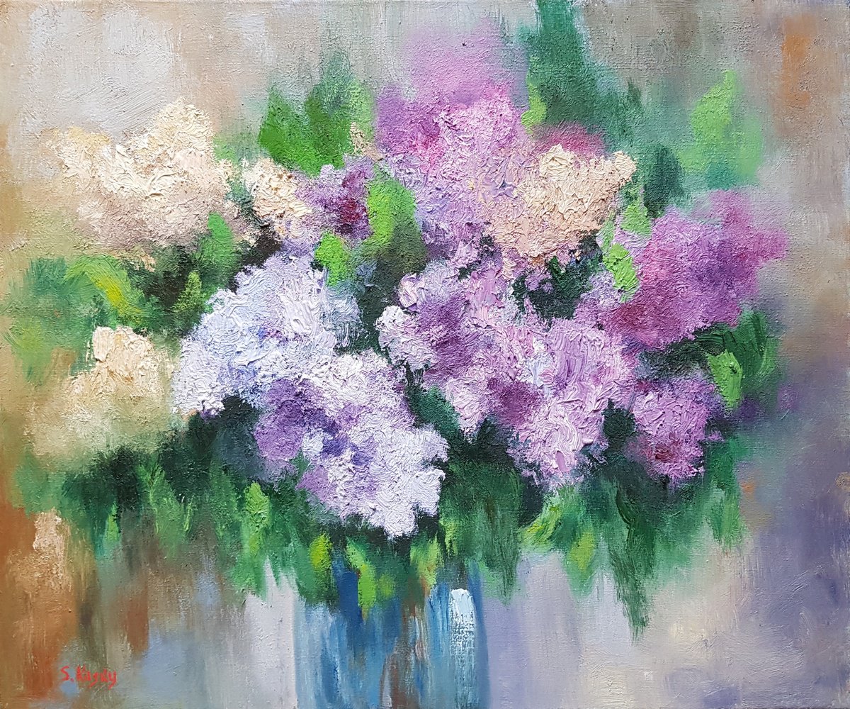 Expressive Botanical Oil Painting By Svetlana Grishkovec-Kiisky, 24 X 20", Lilac (Flowers), Original Artwork