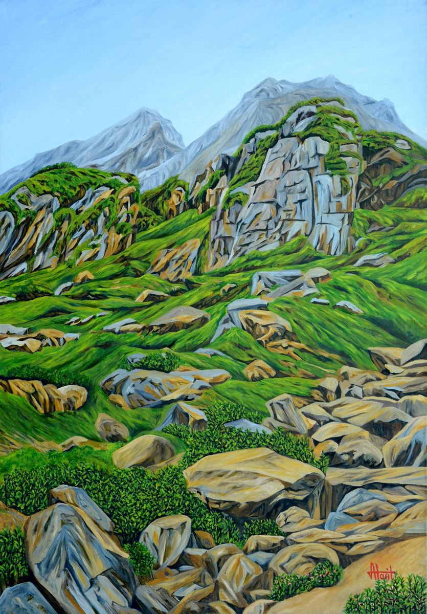 Photorealistic Landscape Oil Painting By Ajay Harit, 33 X 47, Lofty Rocks In Himalayas, Original Artwork