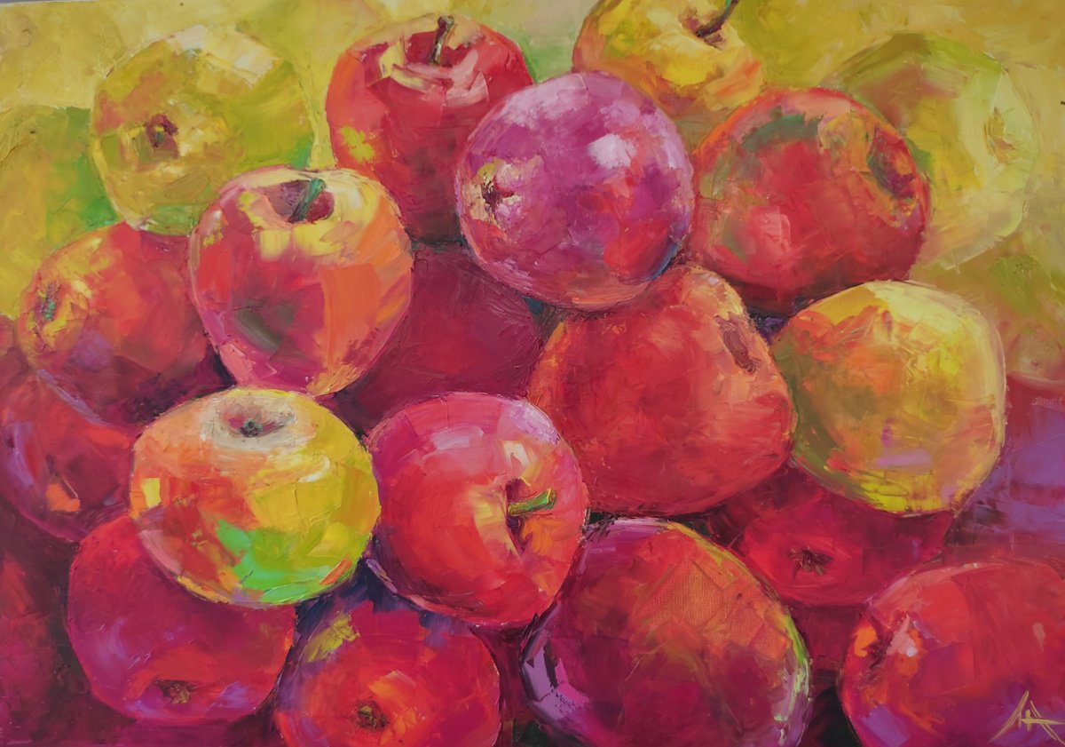 Impressionistic Still Life Oil Painting By Liubov Ponomarova, 28 X 20", Apple Symphony, Original Artwork