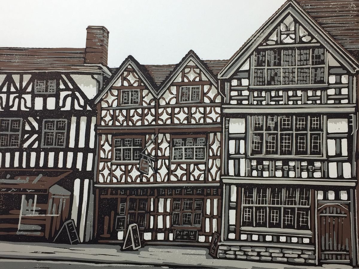 Illustrative Cityscapes Linocut By Alexandra Buckle, 10 X 8, The Garrick Inn, Original Artwork