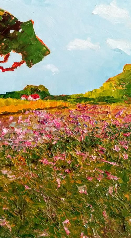 Pink Wilderness, landscape in oil by Padmaja Madhu