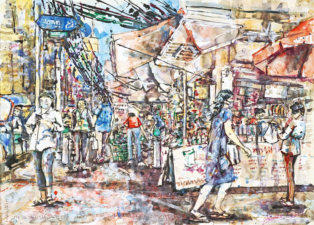 Walking, On A Busy Street, Bangkok Moments By Gordon T., 30 X 22, Artwork For Sale On Artfinder