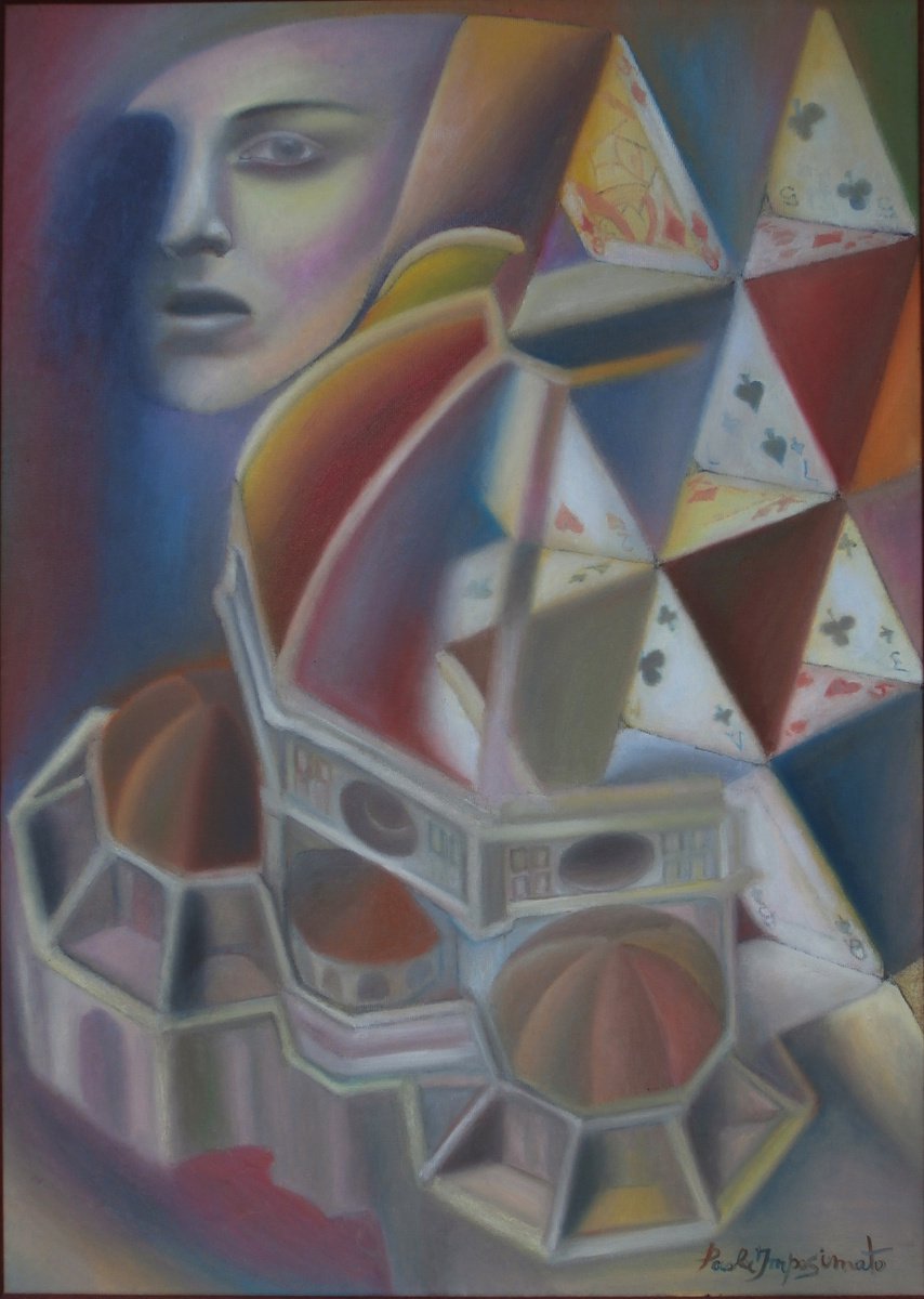 Surrealistic Cityscapes Oil Painting By Paola Imposimato, 21 X 29", Penetrating Spaces, Original Artwork