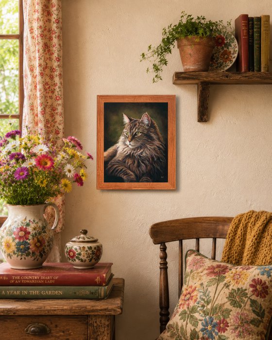 Majestic Maine Coon cat with green eyes