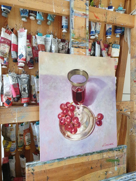 "Wine and grapes." still life summer grape liGHt original painting  GIFT (2020)