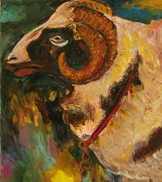 MUGAL RAM - Aries zodiac sign - animal art, original oil painting, large, cheep, fauna