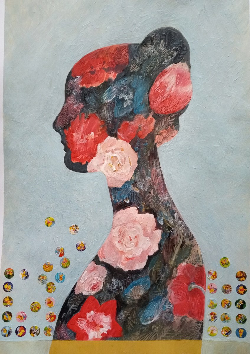 Portrait Acrylic Painting By Liubov Palii, 18 X 24", Girl With Pink Roses, Original Artwork