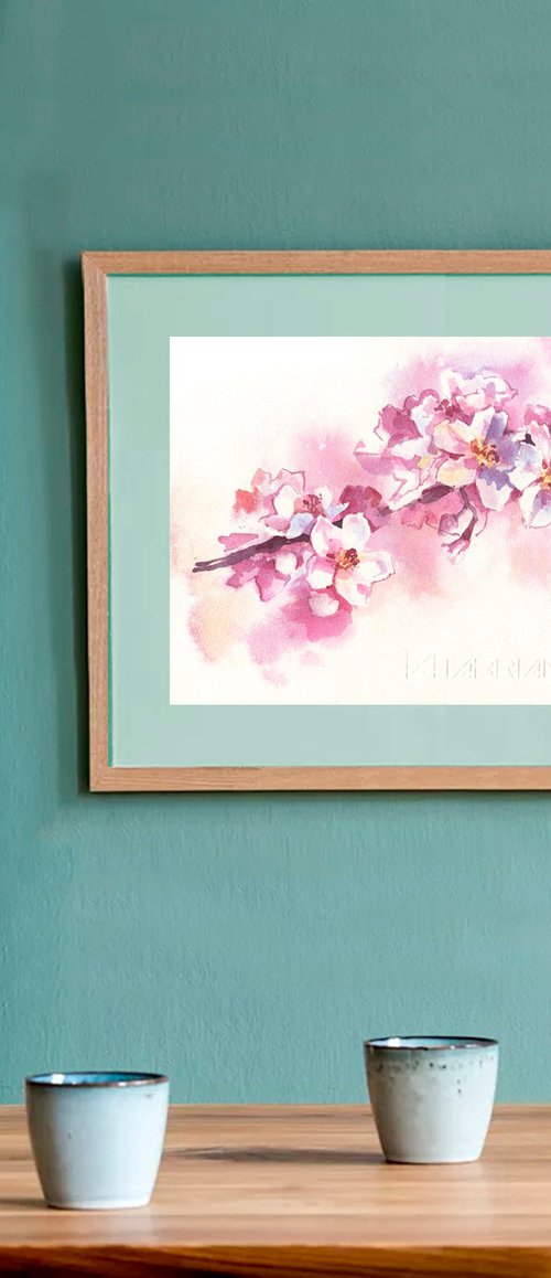 "Premonition of Spring" watercolour of a blossoming apricot tree branch in delicate pink tones by Ksenia Selianko