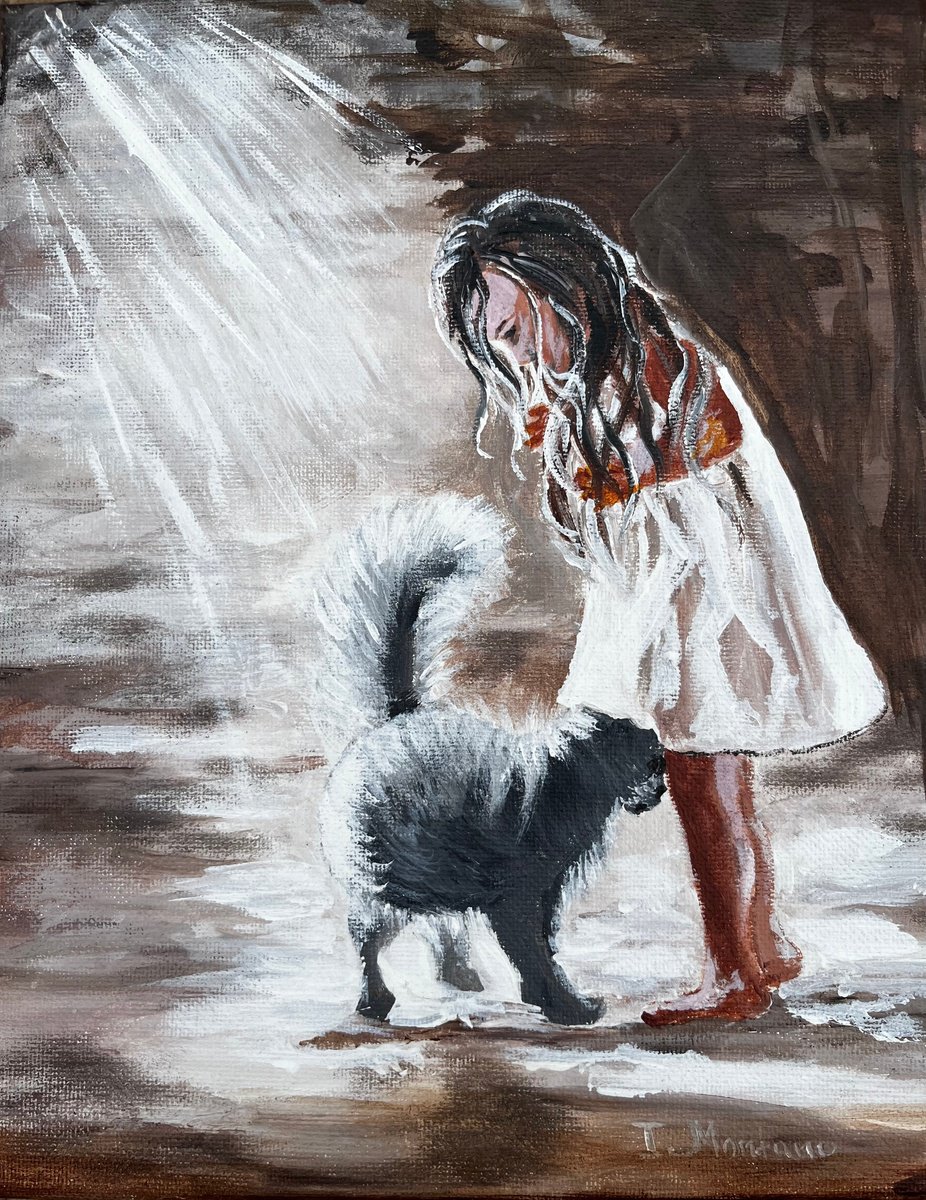 Impressionistic Portrait Acrylic Painting By Inna Montano, 8 X 10, Little Girl With A Black Cat., Original Artwork