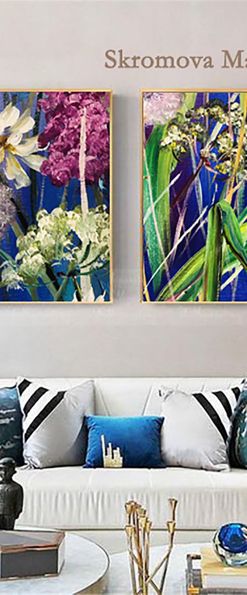FIELD SET- Daisies. Cornflowers. Flower couple. Blue canvases. Herbal plot. Dandelions. Very Peri. by Marina Skromova