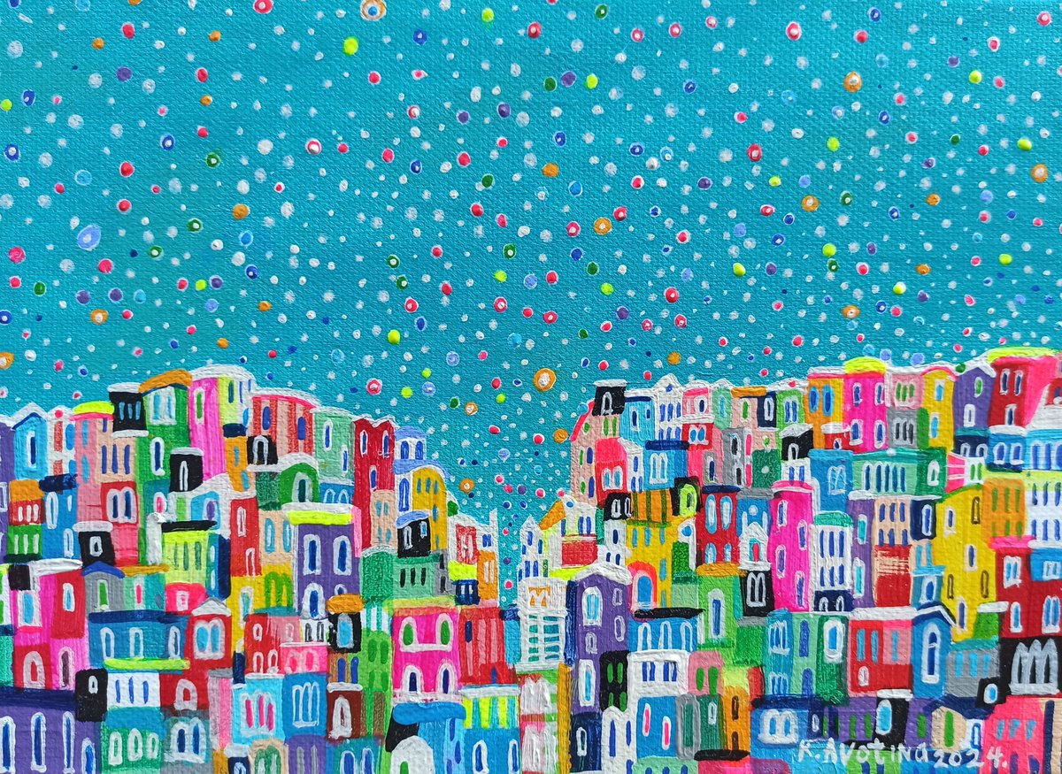 Impressionistic Landscape Acrylic Painting By Katrina Avotina, 9 X 7", Sparkling Small Town, Original Artwork