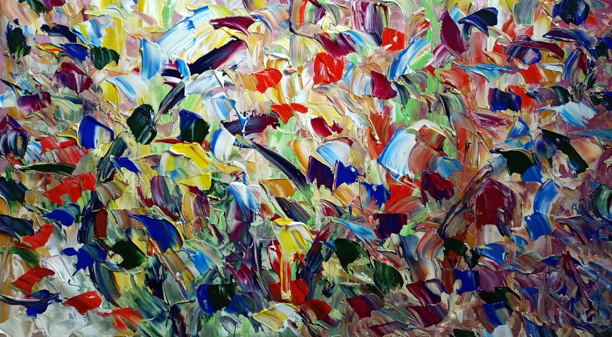 Impressionistic Abstract Acrylic Painting By Antonino Puliafico, 47 X 28, Fiori Nel Campo, Original Artwork