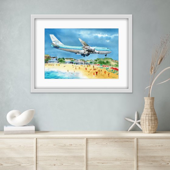 Aircraft landing. Original watercolor artwork.