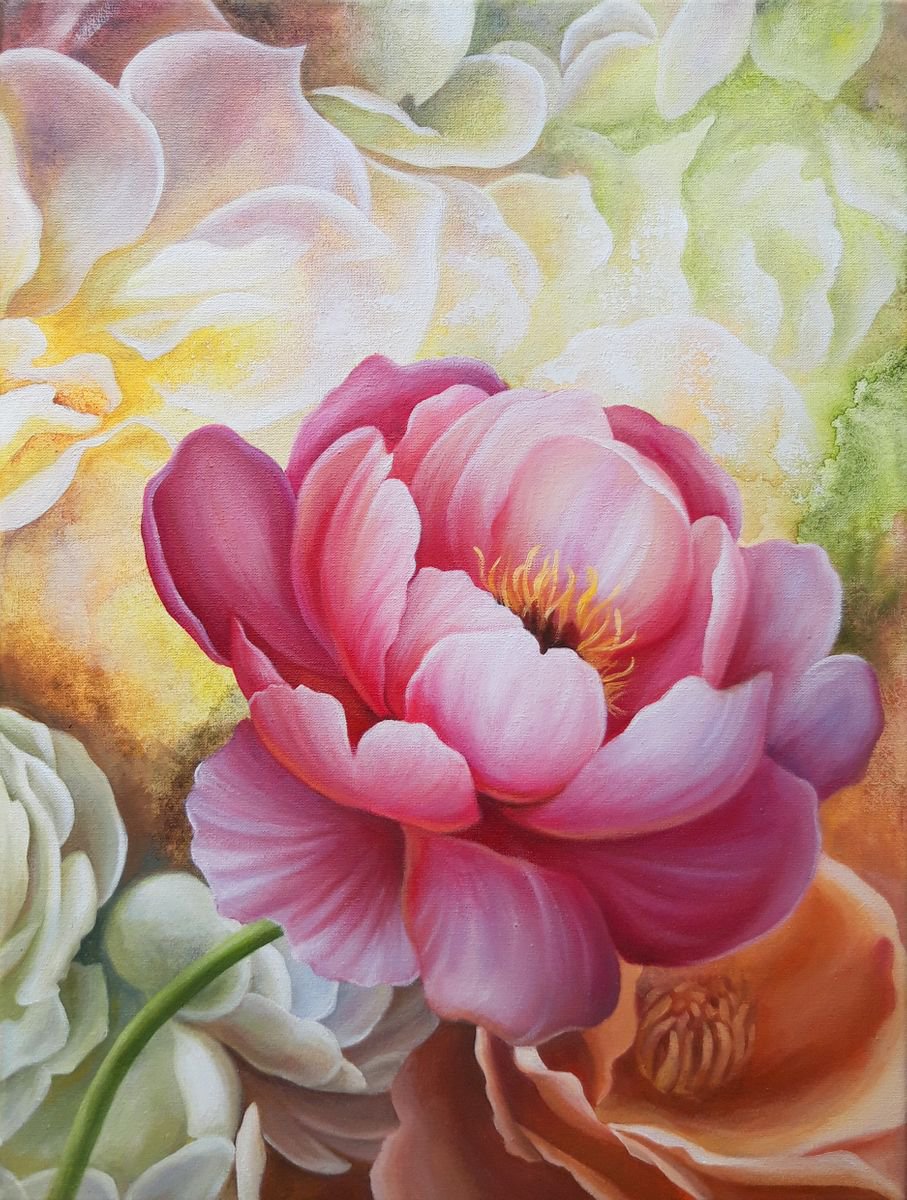 Symphony of spring, oil peony floral art, flowers painting by Anna Steshenko