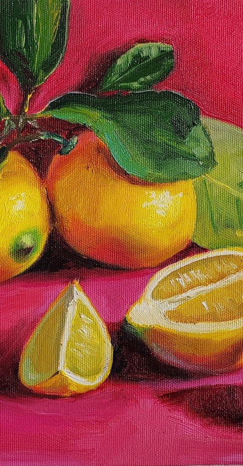 Lemon fruit on bright pink still life oil painting realistic citrus wall decor by Leyla Demir
