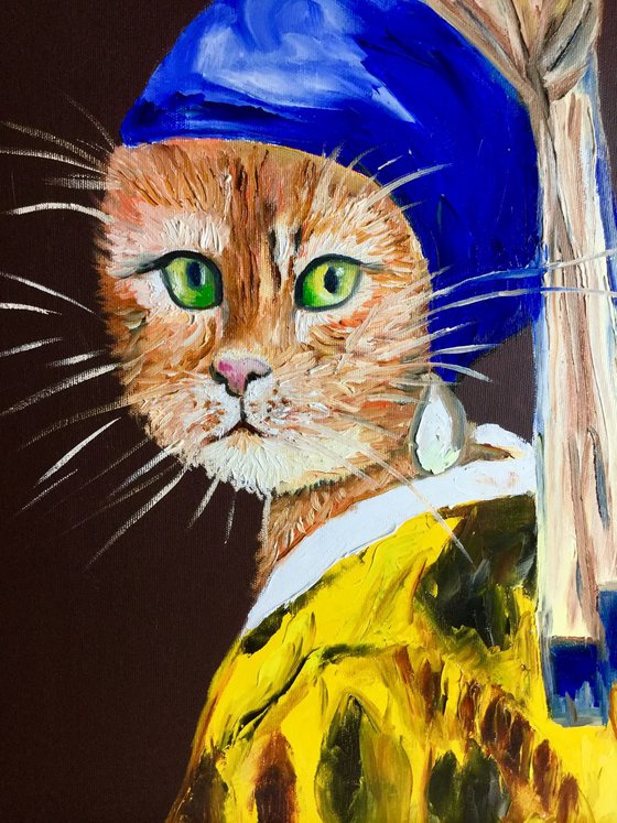 Cat with the pearl earring inspired by Vermeer painting feline art for cat lovers gift idea