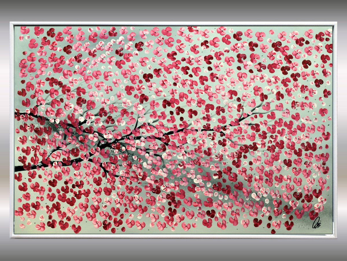 Blooming Branch - acrylic abstract painting cherry blossoms nature painting framed canvas... by Edelgard Schroer