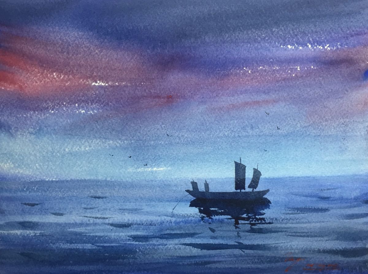 Impressionistic Landscape Watercolour By Jing Chen, 15 X 11, Lone Voyage, Original Artwork