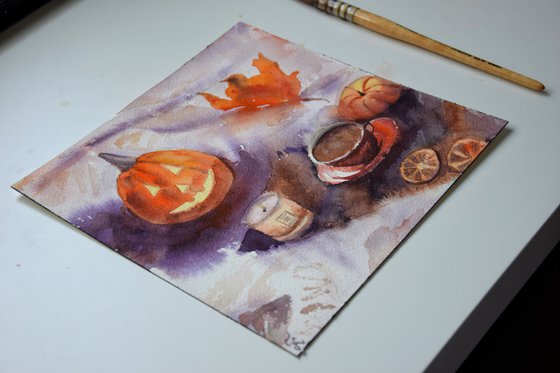 Halloween watercolour painting with pumpkin and coffee, autumn aesthetic wall art