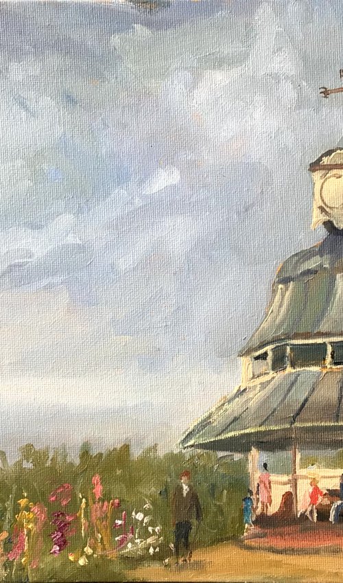 Clock tower and seaside shelter. This is an original plein air painting. by Julian Lovegrove Art