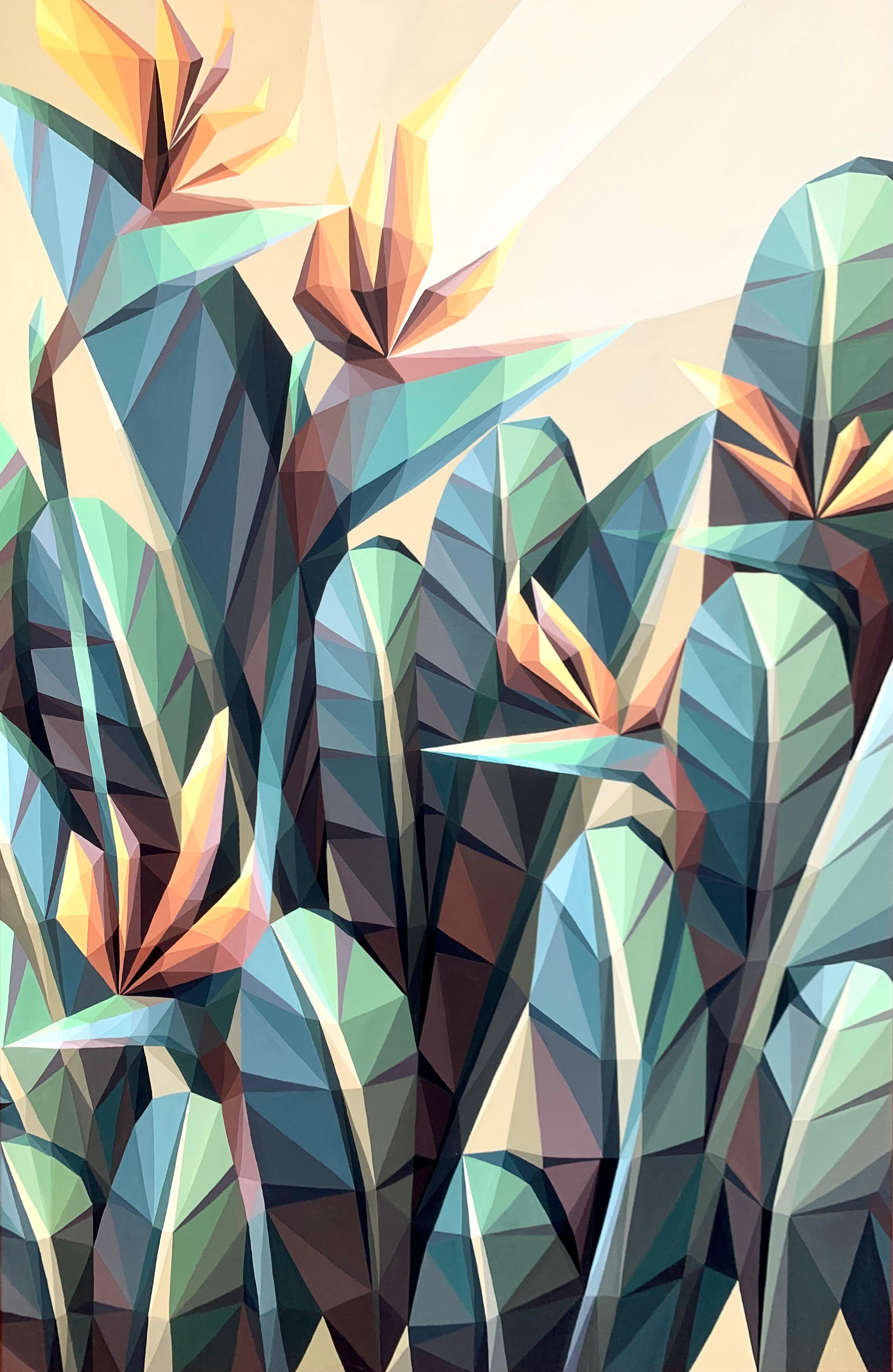 Geometric Botanical Acrylic Painting By Maria Tuzhilkina, 26 X 39", Strelizia Tropical Landscape, Original Artwork