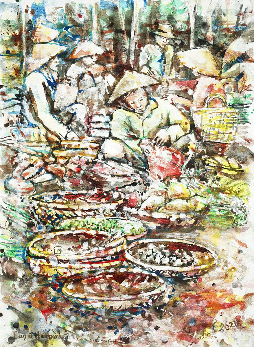 Expressive Portrait Acrylic Painting By Gordon T., 22 X 30, Day At The Market, Vietnam, Original Artwork