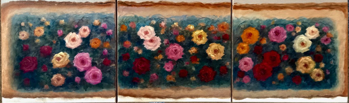 Botanical Oil Painting By Lee Campbell, 35 X 12", Victorian Roses, Original Artwork