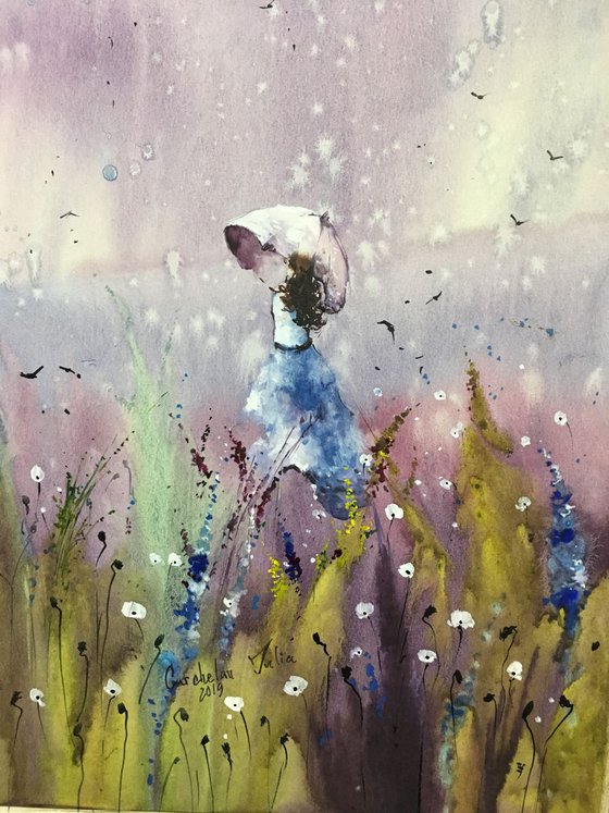 Sold Watercolor "Rain in the lavender field”