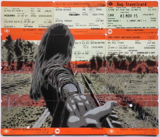 "We Followed Our Hearts" - Spray paint on orange British Rail / train tickets in romantic graffiti pop art style.